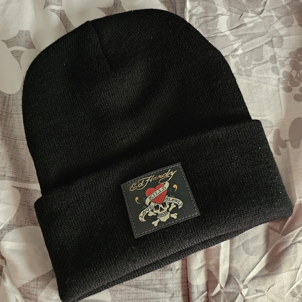 Ed Hardy Black Beanie with Skull and Heart Patch